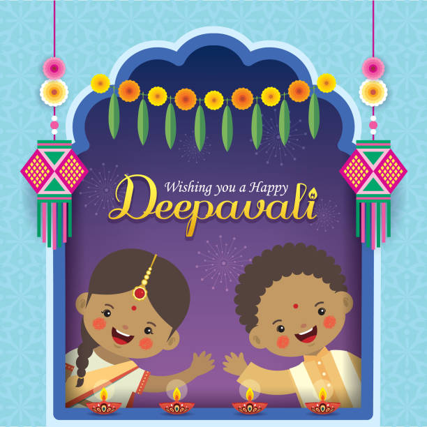 Diwali Or Deepavali Cartoon Indian Kids With Diwali Diya Kandil Lantern  Marigold Mango Leaf Door Hanging Window Frame Stock Illustration - Download  Image Now - iStock