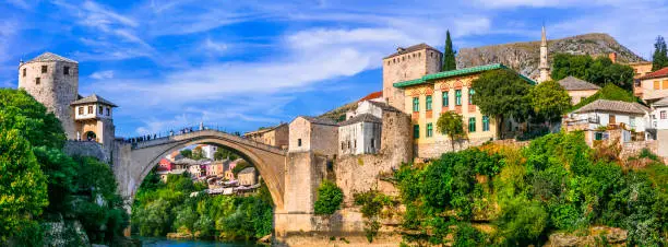 Photo of Mostar - iconic old town with famous bridge in Bosnia and Herzegovina. popular tourist destination