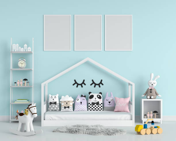 Three empty photo frame for mockup in child bedroom, 3D rendering Three empty photo frame for mockup in children bedroom, 3D rendering nursery bedroom photos stock pictures, royalty-free photos & images