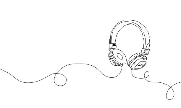 illustrazioni stock, clip art, cartoni animati e icone di tendenza di disegno semplice stilizzato a una riga del dispositivo altoparlante per cuffie gadget design lineart continuo isolato su sfondo bianco. elemento musicale per ascoltare brani e playlist. - image computer graphic headset headphones