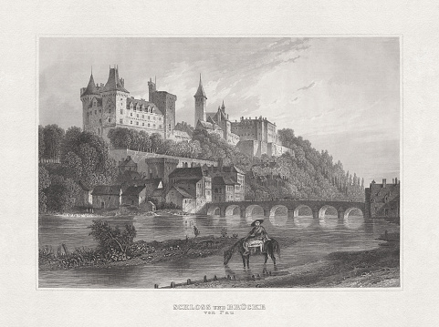 Historical view of Castle and Bridge of Pau, Pyrénées-Atlantiques, France. Steel engraving, published in 1860.