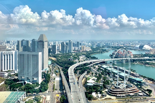 View of the iconic Singapore Flyer, ECP, Temasek Avenue & Millenia Tower on a beautiful sunny day.