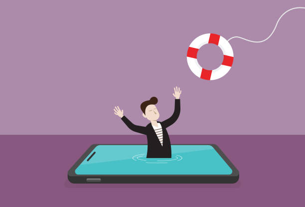 Businessman in a mobile phone and lifebuoy People, Sinking, A Helping Hand, Abstract, Social media emergency first response stock illustrations