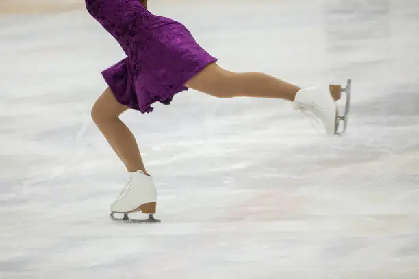 Figure skating, ice skating training. Feet skater on the ice, close-up