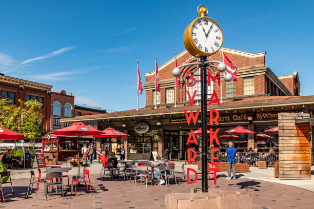 Ottawa, Canada. September 27, 2019: People sit outside the Byward Market in Ottawa.