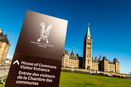 Ottawa, Canada. September 27, 2019:  Sign for House of Commons - Parliament Building in Ottawa, Canada.