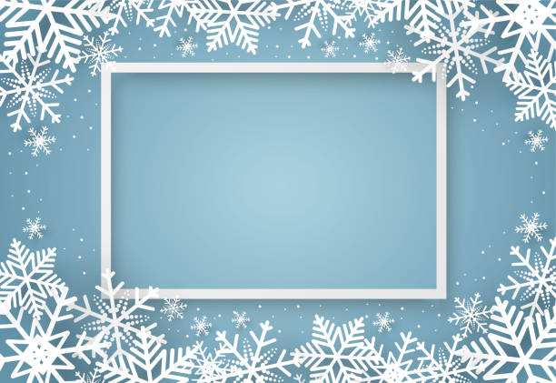 눈송이, 축하 개념, 종이 아트 디자인 크리스마스와 새해 블루 벡터 배경 - christmas snow frame snowflake stock illustrations