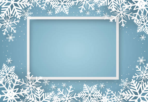 ilustrações de stock, clip art, desenhos animados e ícones de christmas and happy new year blue vector background with snowflake, celebration concept, paper art design - winter abstract new frame