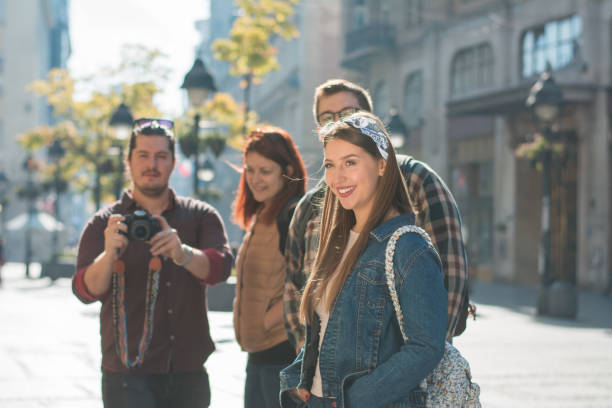 istock Group of young backpackers in the City 1181240978