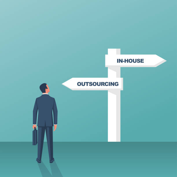 Outsource or inhouse - signpost. Businessman in front of a road sign. Outsource or inhouse - signpost. Businessman in front of a road sign. The choice of man. Banner outsourcing concept. Vector illustration flat design. Isolated on background. outsourcing stock illustrations