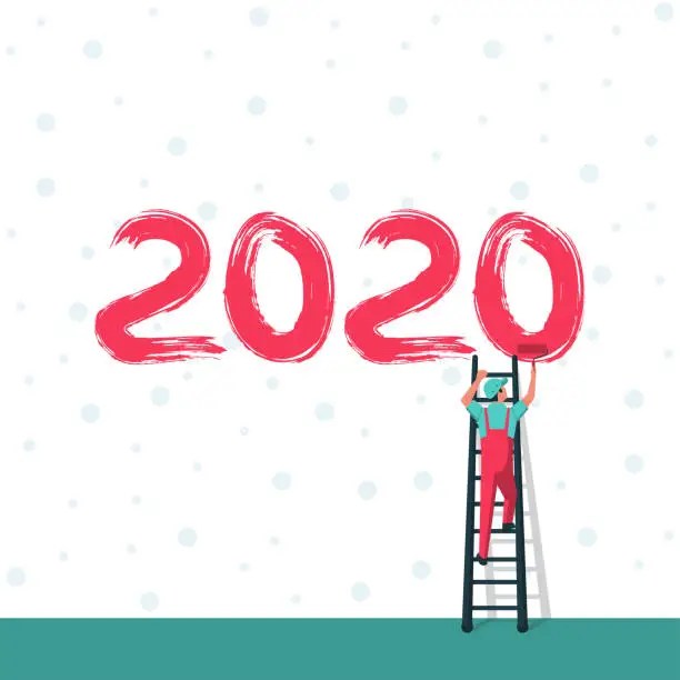 Vector illustration of Happy New Year. Human on ladders are holding roll brushes and writing the number 2020