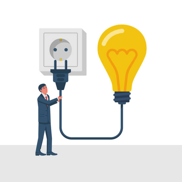 Connect idea. Businessman holding lightbulb, cord electrical plug connected to power outlet. Connect idea. Businessman holding lightbulb, cord electrical plug connected to power outlet. Plug in to wall socket. Business solution. Vector illustration flat design. Isolated on background. electric plug illustrations stock illustrations
