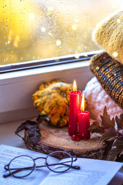 istock Autumn composition on a windowsill reading a book on a rainy evening. 1181242991