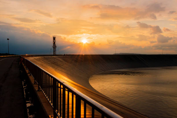 view sunset golden sky. Panoramic view on the Lam Takhong Reservoir in Nakhon Ratchasima, thailand