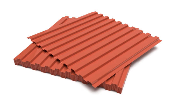 istock Metal sheets for roofing on a white background, 3D render. 1181244584