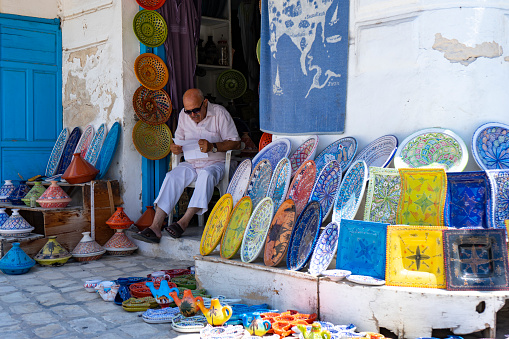 Tunisia. (South Tunisia) Djerba island. Houmt Souk. June 29, 2019. The Medina. Ceramics merchant