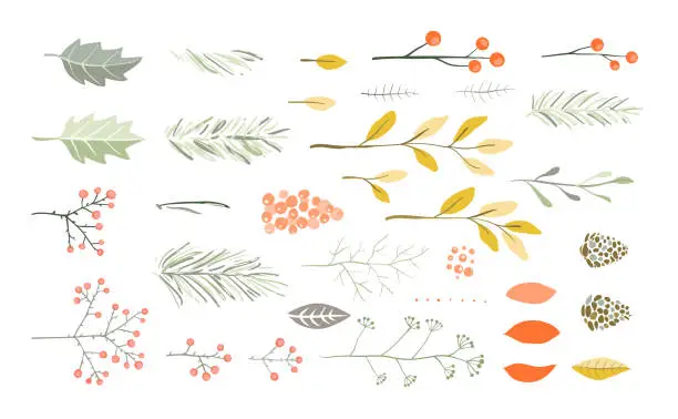Vector illustration of Christmas or New Years Vector brushes set for holiday graphics. Pine fir tree branches, florals, berries, pines and cones, leaves.