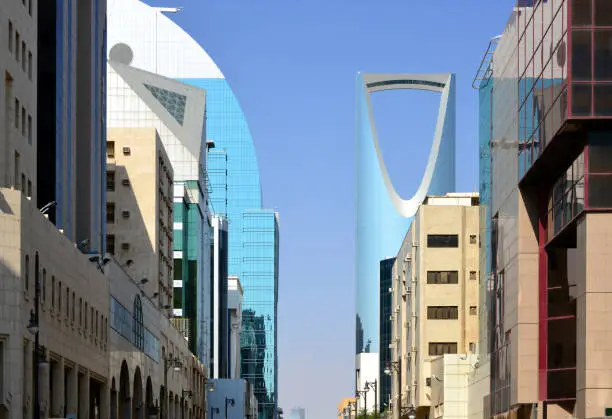 Riyadh, Saudi Arabia: view north along Hanifa Valley Street - left to right Dr. Sulaiman Al habib hospital, Nobu Hotel and Kingdom Centre tower