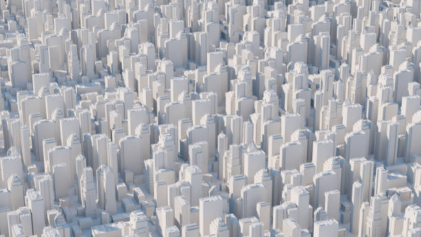 istock 3d abstract city rendered with long focal length camera. 1181250910