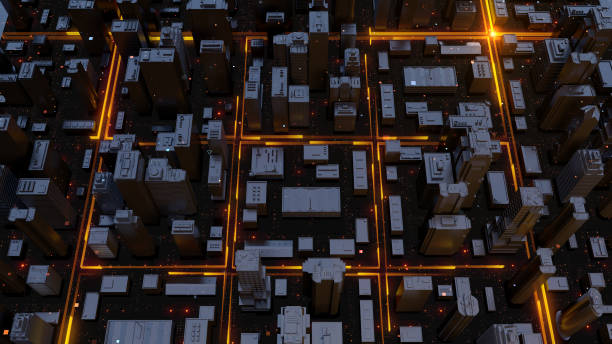 istock Detailed digital 3d rendering city. Flowing data particles and random shapes. 1181251010
