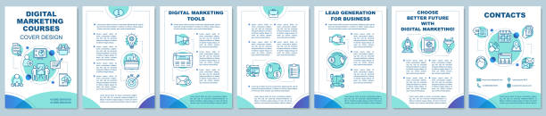 ilustraciones, imágenes clip art, dibujos animados e iconos de stock de diseño de la plantilla del folleto de cursos de marketing digital - printed pattern