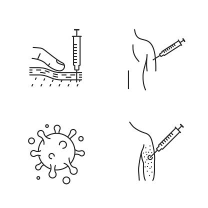 Vaccination and immunization linear icons set. Thin line contour symbols. Subcutaneous injection, flu shot, influenza virus, vaccine allergy. Isolated vector outline illustrations. Editable stroke