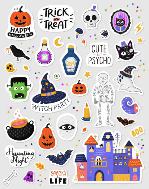 illustrations, cliparts, dessins animés et icônes de ensemble d'autocollants d'halloween de dessin animé. illustration de vecteur dessinée à la main. - holiday clip art spooky halloween