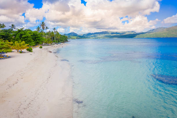 Aerial view of Rincon beach Aerial photography of wonderful tropical beach of Rincon bay.Samana peninsula,Rincon beach,Dominican Republic. playa rincón stock pictures, royalty-free photos & images