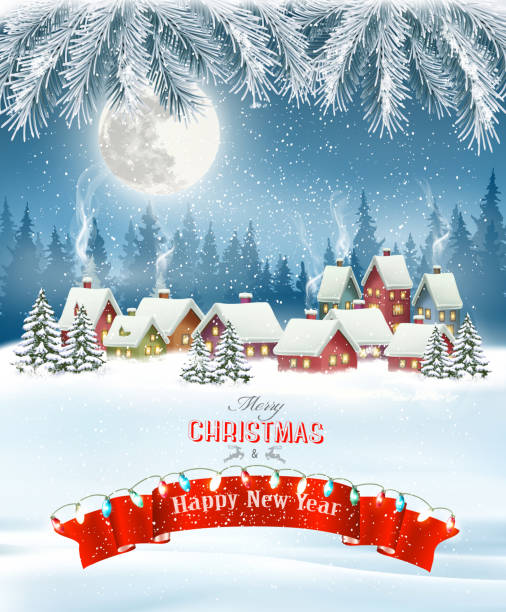 istock Merry Christmas Background with branches of tree and winter village.Vector 1181256440