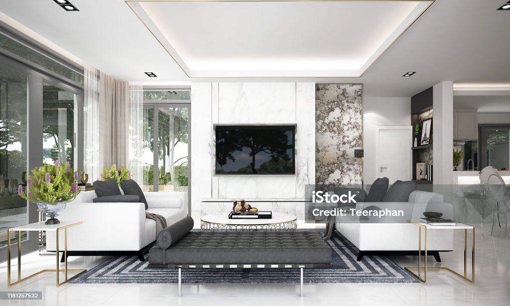 Moderne woonkamer interieur en LCD-TV en pantry ruimte en uitzicht op de tuin achtergrond - Royalty-free Luxe Stockfoto