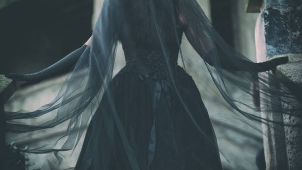 ビクトリア朝風の美しい黒いウェディングドレスの背面図、長い黒い流れるベール - weding gown ストックフォトと画像