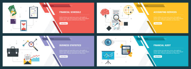 Financial schedule, accounting services, business statistics, financial audit. Vector set of vertical web banners with financial schedule, accounting services, business statistics, financial audit. Vector banner template for website and mobile app development with icon set. tax designs stock illustrations