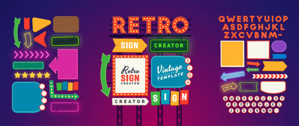 Web Retro signboard creator. Set elements for street sign. Scene creator, neon sign. Retro font. Advertising space. lighted sign stock illustrations