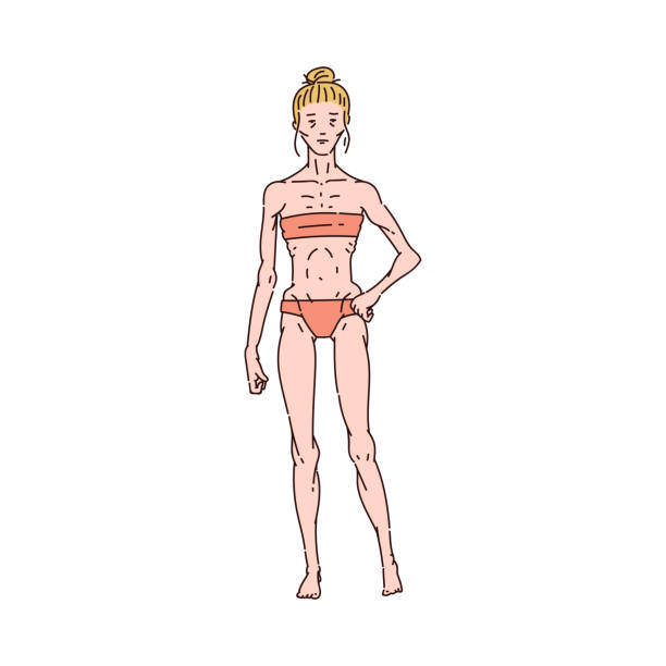 Thin anorexic girl standing in underwear one arm akimbo sketch style Thin anorexic girl standing in underwear one arm akimbo sketch style, vector illustration isolated on white background. Full-length woman with unhealthy skinny body, diet and anorexia concept clip art of rib cage stock illustrations