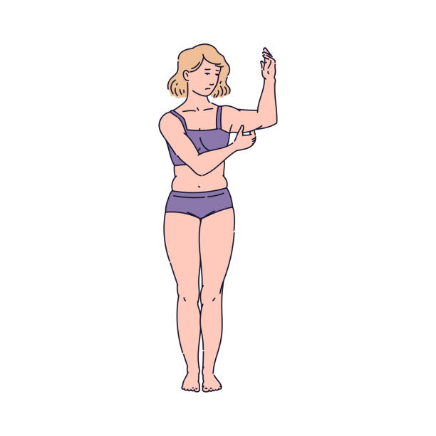Ilustración de Mujer Insegura Sobre Su Cuerpo Flaco Personaje De Dibujos Animados Femenino En Ropa Interior Pellizcando Exceso De Grasa En Su Brazo Con La Cara Triste y más Vectores Libres de Ilustración de Mujer Insegura Sobre Su Cuerpo Flaco Personaje De Dibujos Animados Femenino En Ropa Interior Pellizcando Exceso De Grasa En Su Brazo Con La Cara Triste y más Vectores Libres de