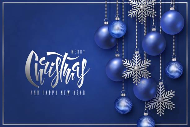wesołych świąt szczęśliwego nowego roku projekt, napis, niebieska piłka srebrny płatek śniegu - christmas ornament christmas blue decoration stock illustrations
