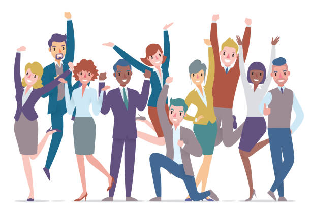 ilustraciones, imágenes clip art, dibujos animados e iconos de stock de grupo de personas de negocios celebrando - cheering business people group of people