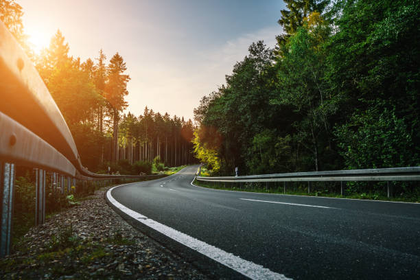 istock Long Curvy Forest Road In Alpine Mountains 1181266633