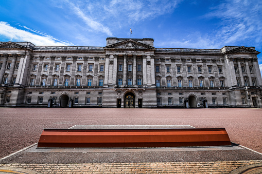 London, UK - 8th August, 2019 A low angle view of the Buckingham Palace