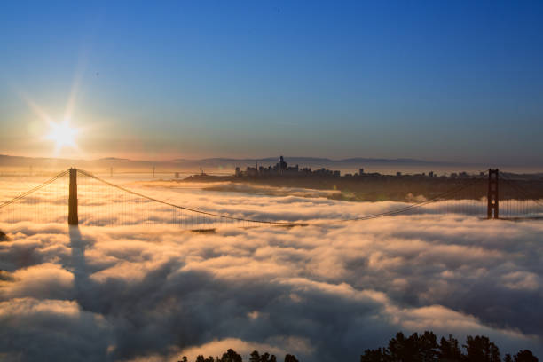 san francisco golden gate bridge sonnenaufgang im tiefnebel morgenlicht - golden gate bridge bridge weather california stock-fotos und bilder