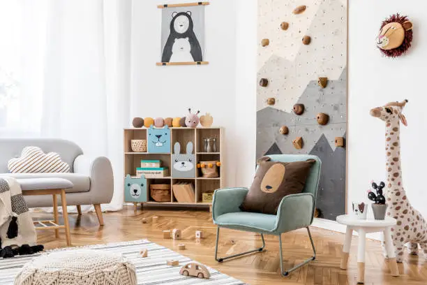 Stylish scandinavian kid room. Design interior of childroom. Template Home decor concept.