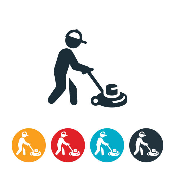 Janitor Using Floor Buffer Icon An icon of a janitor using a floor buffing machine to buff a floor. wax stock illustrations