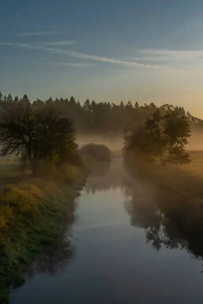 Sunrise over river Blanice in south Bohemia in autumn nice color morning