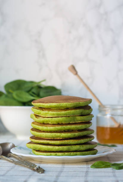 istock ideas for breakfast, spinach pancakes, on white background 1181271570