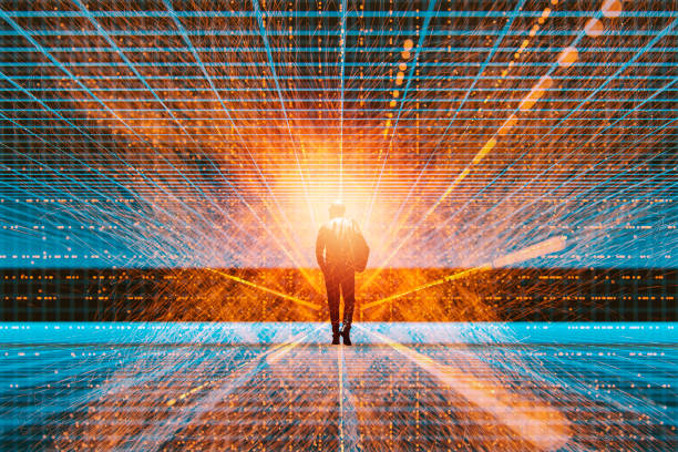 istock Abstract businessman walking in VR environment 1181272042