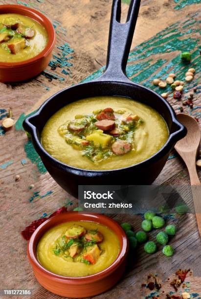 Pea Soup With Smoked Sausages Stock Photo - Download Image Now - Soup, Pea Soup, Dinner