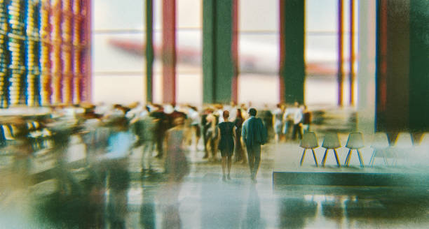 abstraktes grunge-bild von menschen am flughafen - jet rockband stock-fotos und bilder