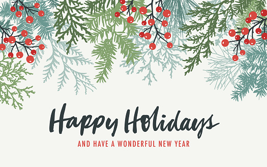 Modern Christmas, holiday background with pine tree branches, berries, fir needles and hand written greetings. Copy space. Frame,border composition.