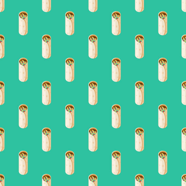 Burrito Mexican Food Pattern A seamless pattern created from a single flat design icon, which can be tiled on all sides. File is built in the CMYK color space for optimal printing and can easily be converted to RGB. No gradients or transparencies used, the shapes have been placed into a clipping mask. burrito stock illustrations