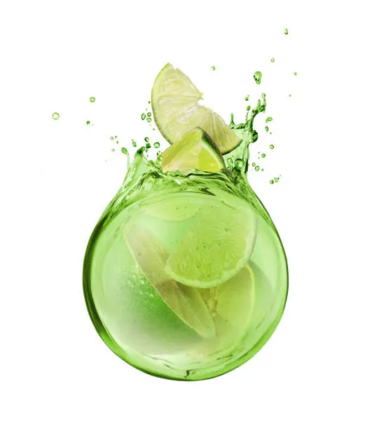 Photo of Slices of lime are sinking in splashes of juice, isolated on white background